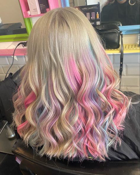 Blonde Hair With Pastel Colors, Pastel Pink And Purple Hair Highlights, Blonde With Blue And Pink Highlights, Pastel Pink Tips Hair, Blue And Pink Highlights In Blonde Hair, Blonde Hair With Pink And Purple, Blonde Pink And Blue Hair, Colorful Highlights In Blonde Hair, Blonde With Fun Colors