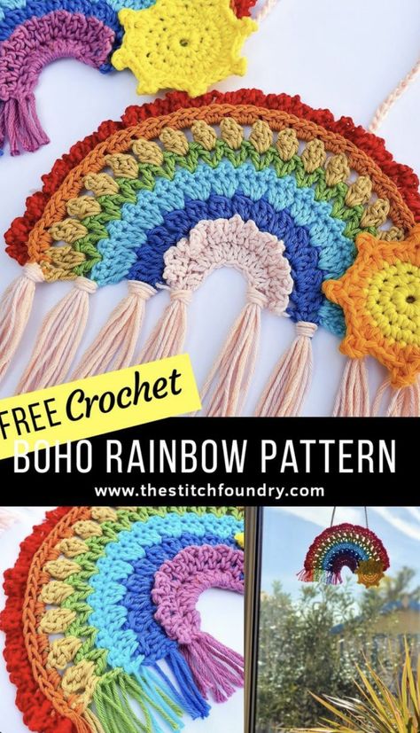 DIY Boho Crochet Rainbow Free Crochet Rainbow Patterns, Yarnspirations Patterns Free Crochet, Crochet Rainbow Pattern Free, Boho Crochet Patterns Free, Crochet Rainbow Pattern, Crocheted Rainbow, Chirstmas Decor, Crochet Rainbow, Easy Knitting Projects