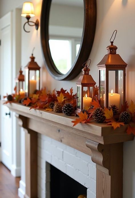 Rustic mantel lantern displays transform fireplaces into captivating autumn focal points. Mix metal finishes, faux leaves, and mini pumpkins for a cozy vibe. Add battery-operated candles or fairy lights for enchanting illumination. Play with depth by varying item placement. There's a unique twist on this trend that's sure to impress guests and elevate your decor game. Fall Floating Candles, Fall Lantern Decor Ideas, Autumn Mantel Decor, Fireplace Lantern, Lantern Decor Ideas, Fall Lantern Decor, Autumn Mantel, Leaf Lantern, Fall Lanterns