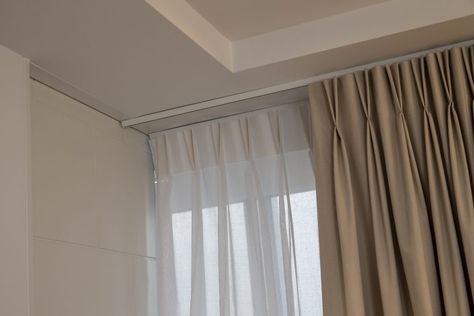 Curtains On Track, Curtain Ceiling, Ceiling Mounted Curtains, Pinch Pleated Curtains, French Pleat Curtains, Pinch Pleat Drapes, Drapery Treatments, Home Repair Services, Curtain Tracks