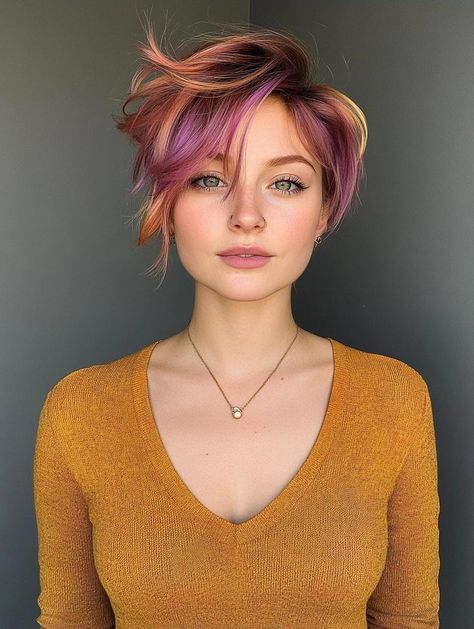 Bold and Beautiful Short Hair Color Ideas for Every Style Pixie With Peekaboo Color, Short Hair Vivids, Undercut Hair Color Ideas, Short Calico Hair Dye, Pixie Colored Hair Ideas, Vivid Hair Color Short Hair, Sunset Hair Color Short, Peekaboo Highlights Short Hair, Connie Core