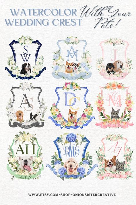 Wedding Crest With Dog, Floral Wedding Crest, Blue And White Wedding Crest, Crest Invitation, Vintage Monogram Wedding Crest, Wedding Crest Monogram, Wedding Drink Sign, Pet Branding, Crest Monogram