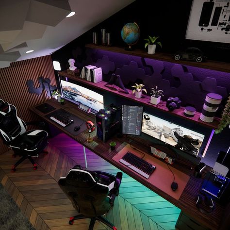 Couple Pc Setup Gamer, Double Desk Gaming, 2 Person Pc Setup, His And Hers Pc Gaming Setup, Couple Gaming Room Ideas, His Hers Gaming Room, Double Pc Setup, Dual Gaming Room, Two Person Gaming Setup