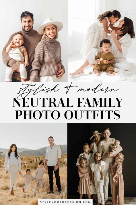 Looking for neutral family picture outfits? Get major inspiration for family photo outfits with a neutral vibe for the spring, summer, fall, and winter. Whether you are doing a photoshoot at the beach, outdoors, or at an indoor studio or at home, find casual and dressier neutral family photo outfits you’ll love. From jeans to dresses, there’s inspiration for every style! Black White And Tan Family Photos, Neutral Clothes For Family Pictures, Monochromatic Outfit Photoshoot, Neutral Outfits For Family Pictures, Family Photo Outfits Spring, Neutral Family Picture Outfits, Neutral Family Photo Outfits, Neutral Family Photos, Casual Family Photos