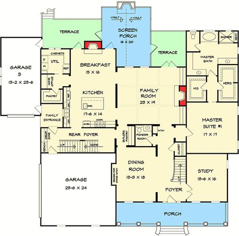 https://assets.architecturaldesigns.com/plan_assets/36025/original/36025dk_f1_1475679356_1479202158.gif Master Suite Floor Plans, House Plans Two Story, Scott Peterson, Large House Plans, Dream Home Floor Plans, Big Front Porches, Bathroom And Walk In Closet, Sims Interior, Hidden Passage