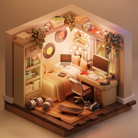 Isometric Art Blender, Isometric 3d Room, Blender Isometric Room, Blender Bedroom, Blender Isometric, 3d Isometric Room, Blender Room, Isometric Rooms, Blender Projects