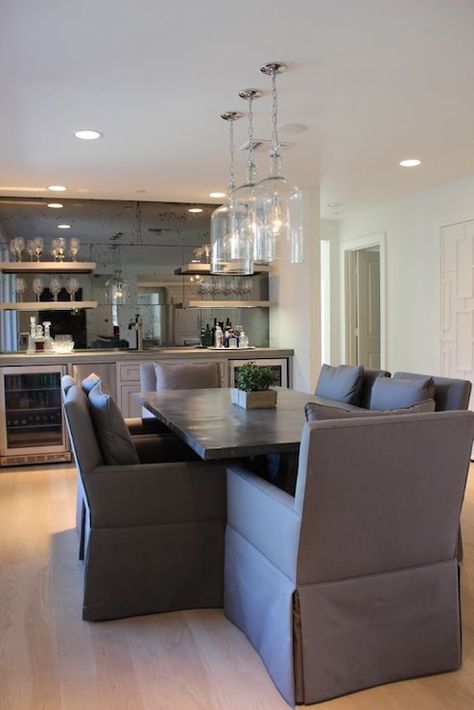 Dining Room Wet Bar - Transitional - dining room - Talbot Cooley Interiors Room Bar Ideas, William Hefner, Dining Chair Ideas, Dining Room Cabinets, Marie Flanigan, Gray Furniture, Dark Mirror, Transitional Dining Room, Chic Dining Room