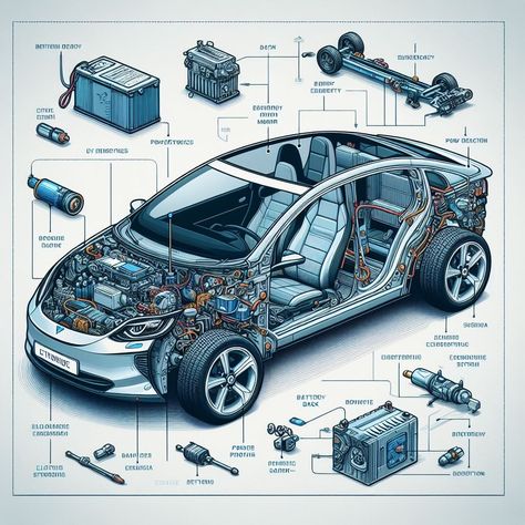 Electric Car Diagram | Car Anatomy in Diagram Electric Cars Aesthetic, Electric Vehicle Design, Car Infographic, Car Anatomy, Car Diagram, Electric Car Engine, Car Brake System, Electric Car Design, Diy Electric Car