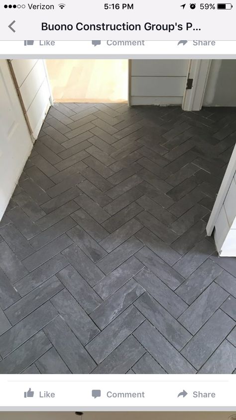 Black Herringbone Tile Mudroom, Herringbone Tile Pattern Floor, Entry Tile Floor Entryway Front Doors, Charcoal Herringbone Tile Floor, Small Foyer Tile Ideas Entryway, Dark Herringbone Tile Floor, Herringbone Tile Floor Entryway, Herringbone Entryway Tile, Slate Herringbone Floor