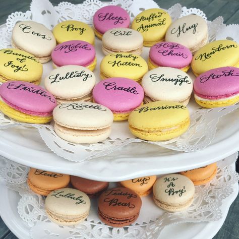 Calligraphy on macarons for a baby shower. The calligraphed words were baby shower themed, and I wrote on the macarons using food-safe Kopykake markers. Edible calligraphy // Macaron flavors // Baby shower macarons // Personalized Macarons, Baby Shower Macarons, Macaron Wedding, Macaron Ideas, Opening A Cafe, Macaron Flavors, A Calligraphy, Healthcare Architecture, Crepe Cake