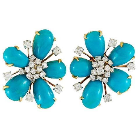 David Webb Diamond, Cabochon Turquoise Ear Clips @davidwebbjewels @1stdibs ☆ Each of flower head design, this pair of 18k gold and platinum… Turquoise Diamond Earrings, Safety Pin Earrings, Platinum Earrings, David Webb, Ear Clips, Heart Hoop Earrings, Jewelry Post, Coral Jewelry, Gold Filled Earrings