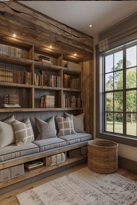 Modern House Library, Interior Barndominium, Aesthetic Farmhouse, Adding Storage, Barndominium Interior, House Library, Farmhouse Office, Barn Style House Plans, Dream Life House