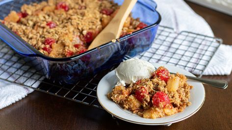 Prepare yourself for the most decadent crisp ever. We have all the secrets in this easy pineapple cherry crisp -- starting with a double layer of crumble! Pineapple Cherry Crisp, Pineapple Crisp, Cherry Crisp Recipe, Cherry Crisp, Cherry Filling, Canned Fruit, Cherry Recipes, Crisp Recipe, Cobbler Recipes