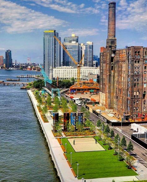 Coming Sunday, Domino Park will finally debut to the public, bringing a brilliant dash of color to the historic industrial site of the former Domino Sugar Refinery along the Williamsburg waterfront. The park stretches for a quarter mile and opens on the Williamsburg waterfront on June 10 ,2018 Today! Summer Activation, Utah City, Farewell Brunch, Domino Park, Architecture Site Plan, New Urbanism, Industrial Park, Night Market, Site Plan