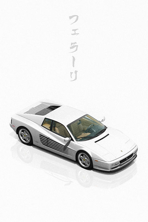 Japanese minimal & modern poster of a Ferrari Testarossa with japanese characters meaning 'FERRARI'. White Ferrari Testarossa, Testarossa Wallpaper, Japanese Poster Wallpaper, Ferrari 348, White Ferrari, Ferrari Testarossa, Poster Wallpaper, Army Wallpaper, Japanese Characters