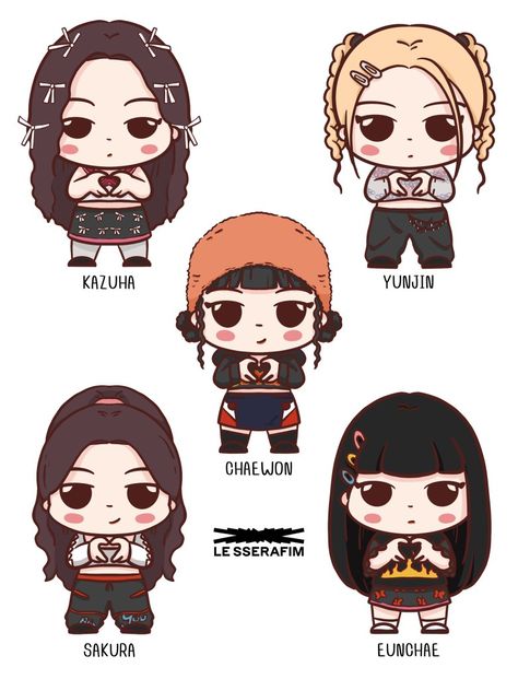 Le Sserafim Stickers Printable, Lesserafim Drawing, Le Sserafim Drawing, Le Sserafim Fan Art, Lesserafim Stickers, Lesserafim Fanart, K Pop Drawings, Kpop Chibi, K Art