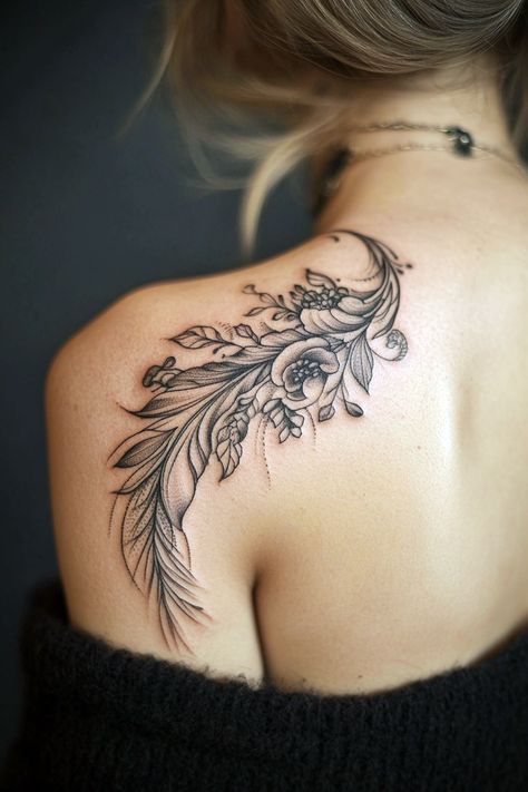 Womens Back Shoulder Tattoo Ideas, Female Collarbone Tattoo, Womens Back Shoulder Tattoo, Tattoos For Bigger Women Plus Size, Women Back Shoulder Tattoo, Shoulder Sleeve Tattoos For Women Unique, Shoulder Tatoos Woman, Fine Line Shoulder Tattoos For Women, Big Rib Tattoos For Women