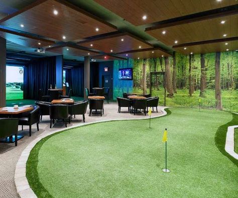 Cool Indoor Putting Green Mens Game Room Designs Golf Basement Man Cave, Golf Indoor Simulator, Indoor Golf Simulator Man Cave, Golf Bar Ideas, Golf Man Cave Ideas, Entertainment Area Ideas Indoor, Golf Simulator Business, Golf Simulator Room Man Caves, Golf Simulator Bar