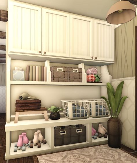 Laundry Room Pictures Bloxburg Codes, Bloxburg Kitchen Storage, Welcome To Blocksburg House Ideas, Small Room Bloxburg Ideas, Cottage Core Blocksburg Houses, Bloxburg Laundry Room Ideas No Advanced Placing, Garage Ideas In Bloxburg, Big Laundry Room Ideas Bloxburg, Laundry Room Idea Bloxburg