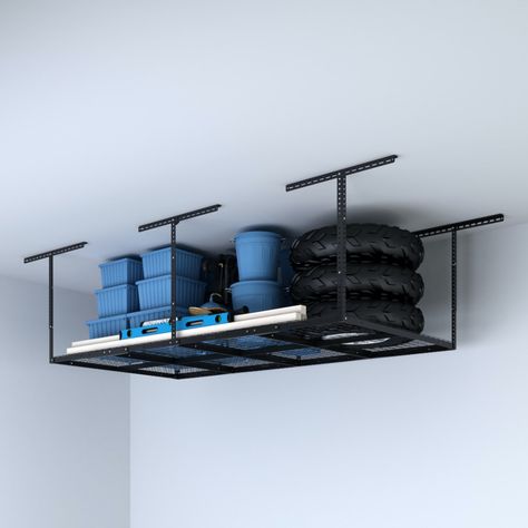 15% off Bundle: overhead garage storage rack with hooks – Fleximounts Garage Wall Shelving, Garage Storage Rack, Garage Wall Organizer, Ceiling Storage Rack, Overhead Storage Rack, Garage Ceiling Storage, Garage Racking, Garage Organization Systems, Organize Ideas