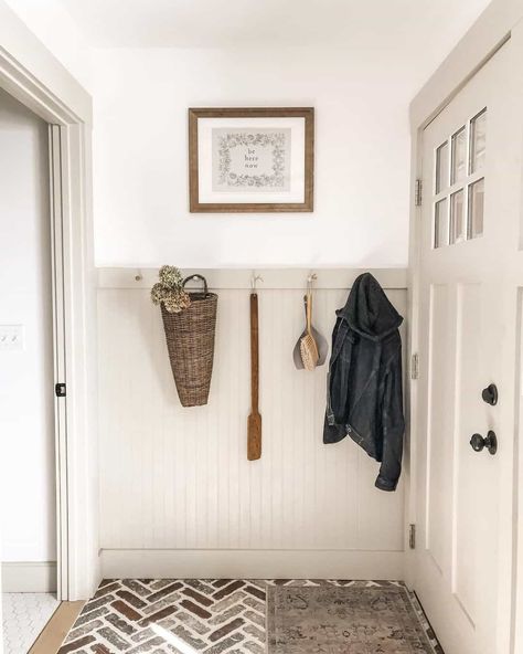 Bead Board Walls Entryway, Beige Shiplap, Red Brick Floor, Beadboard Mudroom, Beadboard Hallway, Beadboard Entryway, Beadboard Half Wall, Wallpaper And Beadboard, Beadboard Ideas