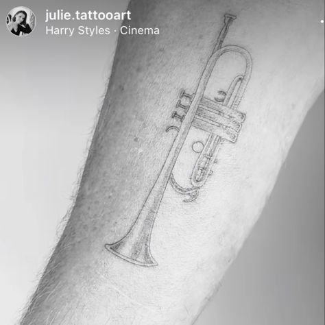 Fine Line Trumpet Tattoo, Trumpet Tattoo, Floral Tattoo Design, Botanical Tattoo, Fine Line Tattoos, Meaningful Tattoos, Line Tattoos, Jesus Fish Tattoo, I Tattoo