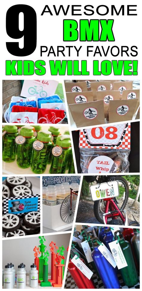 Great bmx party favors kids will love. Fun and cool bmx birthday party favor ideas for children. Easy goody bags, treat bags, gifts and more for boys and girls. Get the best bmx birthday party favors any child would love to take home. Loot bags, loot boxes, goodie bags, candy and more for bmx party celebrations. Bmx Party Ideas, Bmx Bike Party Ideas, Bmx Birthday Party Ideas, Bike Party Ideas For Kids, Bmx Themed Birthday Party, Kids Bike Party, Dirt Bike Birthday Party Ideas, Bmx Birthday Party Decoration, Dirt Bike Party Favors