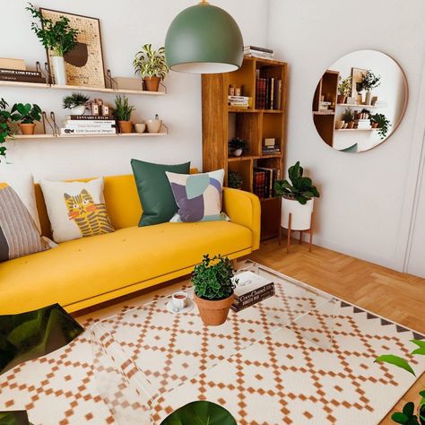 17 Stunning Examples We can Learn from Stylish Dekor about Mid Century Modern Design Colourful Couch, Pop Of Color Living Room, Mustard Couch, Mustard Sofa, Color Living Room, Yellow Couch, Yellow Carpet, Studio App, Yellow Sofa