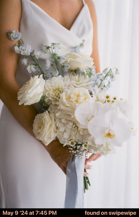 Italian Flower Bouquet, Soft Bridal Bouquet, Dusty Blue And White Bridal Bouquet, Contemporary Bridal Bouquet, White And Pastel Wedding Flowers, Timeless Bridal Bouquet, White Bouquet With Blue Accents, White And Blue Wedding Bouquet, Bridal Bouquet Sage Green