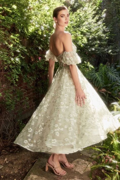 Andrea & Leo Couture A1197 Embroidered Tea Length Gown – Sparkly Gowns Floral Tea Length Dress, Bridgerton Ball, Gown With Corset, High Tea Dress, Andrea And Leo, Sheer Corset, Corset Design, Tea Length Skirt, Cinderella Divine