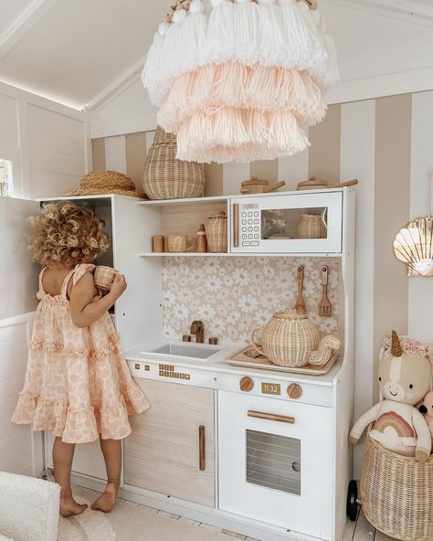 Kmart Play Kitchen, Cubby House Interior, Cubby Makeover, Play Kitchen Makeover, Wallpaper Daisy, Play Kitchen Accessories, Cubby House, Nursery Room Inspiration, Kids Room Inspiration