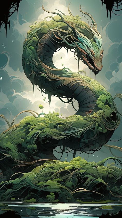 Forest Monster Art, Fantasy Snake Art, Forest Creatures Mythical, Forest Dragon Art, Sea Druid, Mythical Plants, Shambling Mound, Fantasy Fauna, Fey Creatures