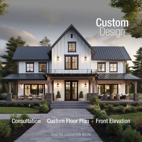 ✨ | CUSTOM HOUSE DESIGN |  * One-Hour Consultation * Custom Floor Plan  * Front Elevation  * One Revision ✍🏻 | HOW DOES IT WORK? | 1- Complete your order and check your email to download the questionnaire 2- Send us a message with your questionnaire answered 3- Share your concepts, sketches, and images of inspiration (Pinterest boards work!) 4- Schedule your free consultation 5- We will be working on your custom floor plan and front elevation, which will be ready in 5 business days 📑 | WHAT DE 1.5 Story Floor Plans, Driveway Turnaround Ideas, Modern Farmhouse Windows, Two Story Modern House, Scandinavian House Plans, Black Modern Farmhouse, Digital Architecture, Modern Farm House, 2 Story House