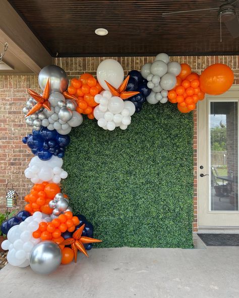 Homecoming Arch Ideas, Morgan State Graduation Party, Orange And Blue Decorations Party, Tailgate Balloon Arch, College Balloon Garland, Graduation Party Ideas Blue And Orange, Blue Orange White Balloon Garland, Blue Orange White Balloon Arch, Red Blue Orange Balloon Garland