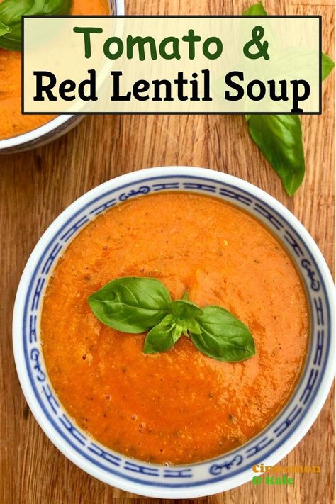 Bowls of tomato and red lentil soup with basil on wooden worktop. Tomato And Lentil Soup, Tomato Lentil Soup, Easy Healthy Lunch Recipes, Lentil Soup Recipe, Store Cupboard, Lentil Soup Recipes, Red Lentil Soup, Easy Healthy Lunches, Vegan Lunches