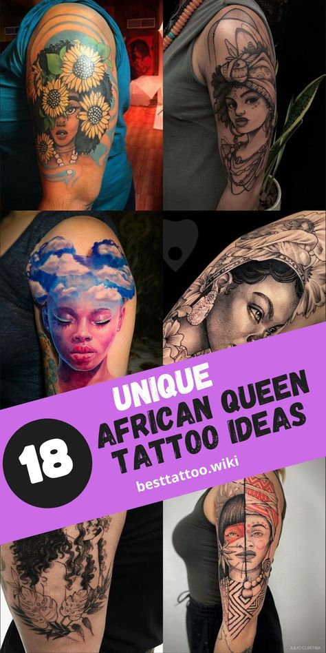 Explore the majestic world of African Queen tattoo designs and celebrate the beauty and strength of black women. Our collection features 18 empowering designs inspired by African goddesses, each one a testament to resilience and cultural pride. Whether you prefer intricate patterns or bold symbols, these tattoos are a powerful expression of black beauty and empowerment. Choose a design that resonates with you and showcase your inner queen with pride. Queen Tattoo Ideas, African Goddesses, African Queen Tattoo, Queen Tattoo Designs, Archer Tattoo, Dancer Tattoo, African Goddess, Queen Tattoo, Cloud Tattoo