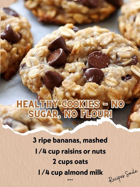 Recipes Smile | Healthy Cookies – No Sugar, No Flour | Facebook No Sugar Or Flour Cookies, No Flour No Sugar Cookies, Sugar Free Cookies Easy, No Sugar No Flour Cookies, No Sugar Cookies Recipes, Healthy Cookies No Sugar No Flour, No Flour Desserts, Healthy Cookies Recipes, Sugar Biscuits Recipe