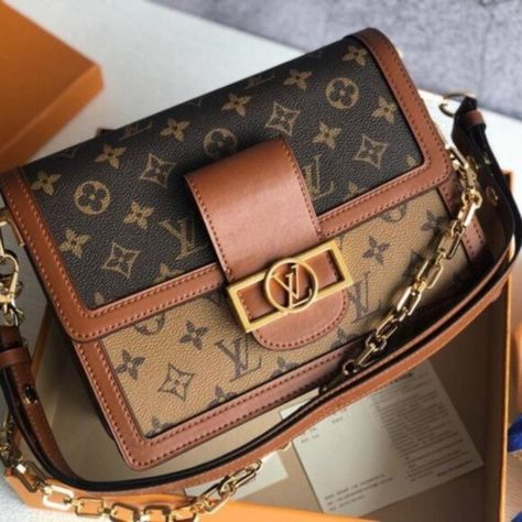 Louis Vuitton Reverse Monogram Dauphine MM Canvas Leather Bag, It Bag, Brown Interior, Canvas Crossbody Bag, Louis Vuitton Pochette, Lv Monogram, Monogram Bag, Cross Bag, Bag Handle