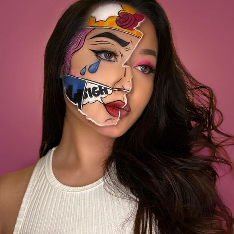 Comic Art Makeup, Halloween Makeup Comic Pop Art, Pop Comic Makeup, Pop Art Face Painting, Halloween Pop Art Makeup, Pop Art Makeup Looks, Pop Art Body Painting, Pop Art Face Makeup, Comic Makeup Pop Art