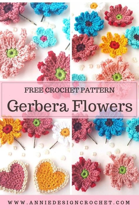 Gerbera Crochet Flowers – Free Crochet Pattern for easy beginner crochet flowers. Make hair clips, brooches, attach to a baby blanket Crochet Gerbera, Sixties Party, Crocheted Bracelets, Crochet Appliqué, Crochet Flower Hat, Crochet Appliques, Crochet Flowers Easy, Crochet Flowers Free Pattern, Yarn Flowers