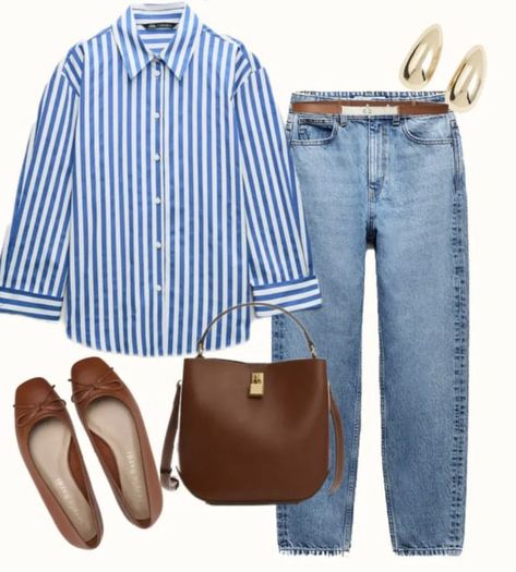 What To Wear For University, Outfits With Blue And White Stripe Shirt, Styling Navy Blue Blazer Women, Blue Shirt Work Outfit Women, Blue Striped Button Up Shirt Outfit, Classic Womens Outfits, Blue And White Striped Button Up Outfit, Blue And White Striped Shirt Outfit Women, Outfit Feria Casual