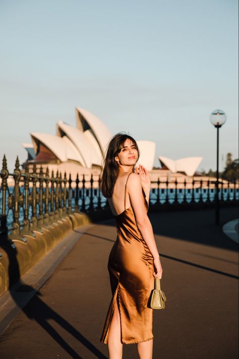 Australia Photoshoot Ideas, Sydney Australia Fashion, Opera House Photoshoot, Opera House Outfit, Gold Dress Photoshoot, Sydney Photo Ideas, Melbourne Photoshoot, Australia Photoshoot, Monument Photography