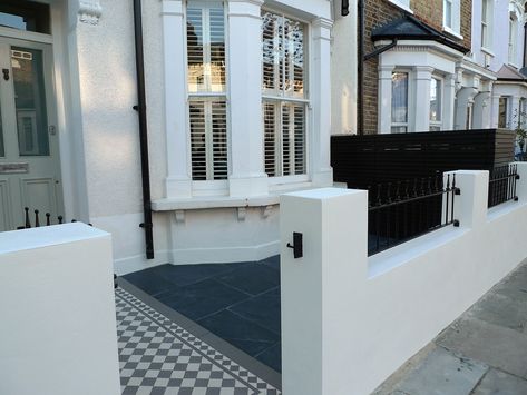 victorian front garden design london render plaster block wall slate paving bin bike store bespoke grey and white mosaic Victorian Front Garden Ideas, Front Garden Patio, Tile Front Porch, Gravel Planting, Paint Pairings, Front Garden Fence, Terraced House Garden, Front Garden Wall, Small Terraced House