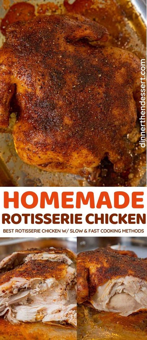 Rotisserie Chicken, made in your own oven! #dinner #chicken #rotisseriechicken #roastedchicken #ovenbakedchicken #dinnerthendessert Best Rotisserie Chicken Recipe, Homemade Rotisserie Chicken, Rotisserie Chicken Seasoning, Whole Baked Chicken, Rotisserie Chicken Recipe, Oven Chicken Recipes, Whole Chicken Recipes, Chicken Recipies, Dinner Chicken