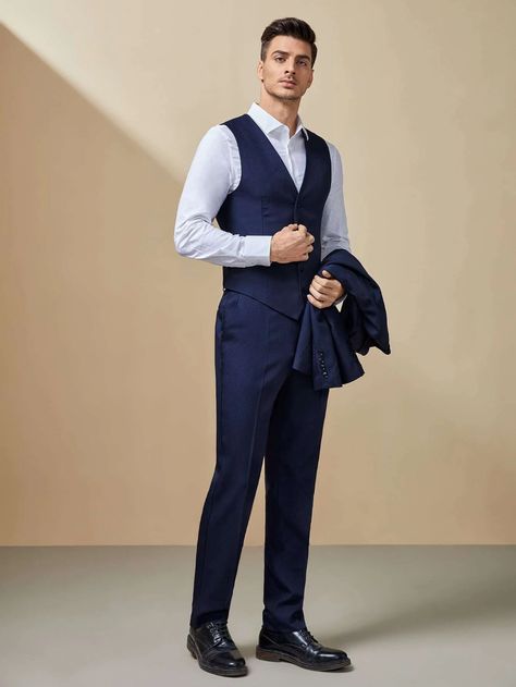 SHEIN Men Lapel Collar Solid Blazer and Pants Set With Vest | SHEIN USA Vest Men Outfit, Blue Pants Men, Dark Blue Wedding, Tie Outfit, Navy Blue Vest, Dark Blue Suit, Wedding Tux, Formal Men, Suit Ideas