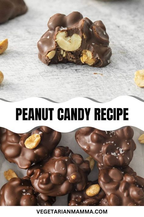 Chocolate-covered Peanut Candy is a super easy recipe that everyone loves! Crunchy nuts, peanut butter, dark chocolate, and sea salt come together to make the best homemade peanut clusters. Perfect for satisfying your sweet tooth or gifting to friends and family, these delightful treats are quick to make and absolutely delicious. Try this simple recipe and enjoy the irresistible combination of flavors! Peanut Butter Dark Chocolate, Vegetarian Drinks, Peanut Clusters, Peanut Candy, Chocolate Covered Peanuts, Candy Recipe, Snack Dip, Vegan Gluten Free Recipes, Butterscotch Chips