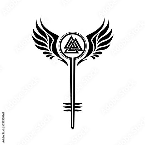 Stock Image: Valkyrie symbol with Odin's Valknut Valkyrie Tattoos, Valkyrie Symbol, Norse Mythology Tattoo, Nordic Symbols, Valkyrie Tattoo, Viking Tattoo Symbol, Symbole Viking, Rune Tattoo, Marvel Tattoos