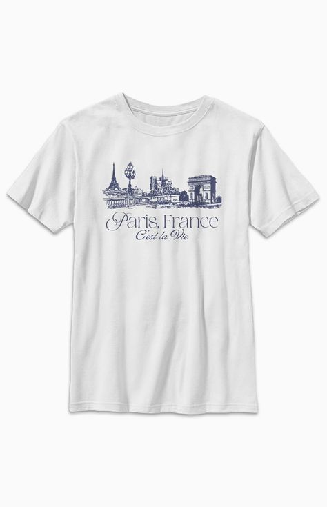 The Kids Paris France T-Shirt celebrates the charm of Paris with a stylish design. Featuring a crew neckline, short sleeves, and a comfortable fit, it's a perfect choice for those who appreciate the beauty and culture of the French capital.Solid color teeShort sleevesCrew necklineFront graphicRegular fit100% CottonMachine washable FIFTH SUN Kids Paris France T-Shirt - White size XS Paris Tee, Paris Shirt, Kids Graphic Tees, Pant Shirt, Cute Tshirts, Tee Shop, Cute Shirts, Pacsun, The Kids