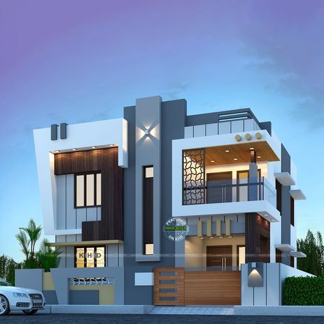 Beautiful modernist house in India Duplex House Elevation Design Modern, Duplex House Elevation Design, Corner Elevation Design, Duplex House Elevation, Corner Elevation, Modern House Front Elevation, Modern Contemporary House, House Rendering, Modern Brick House