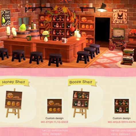 Here are the codes for the Honey Shelf and Booze Shelf! Enjoy! Cottagecore Animal Crossing, Acnh Cottagecore, Instagram Posting, Animal Crossing 3ds, Ac New Leaf, Pub Design, Animal Crossing Guide, Animal Crossing Qr Codes Clothes, Bar Shelf